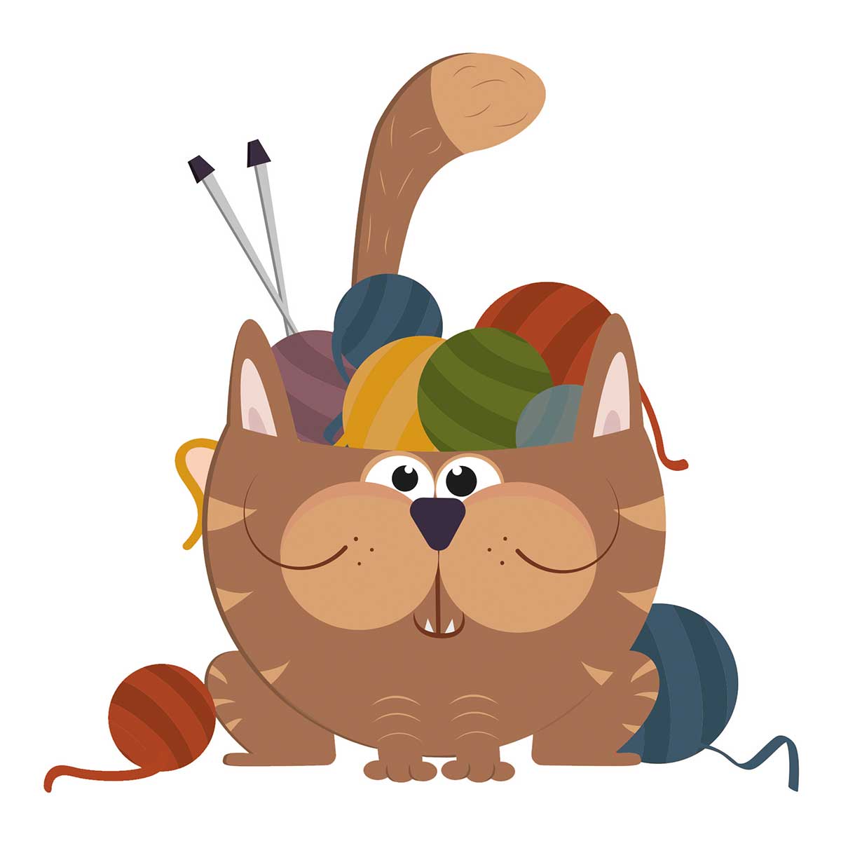 ilustración de un gatito con ovillos de lana
