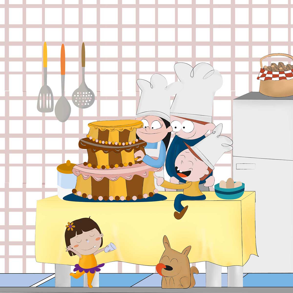 ilustración de una familia haciendo una tarta