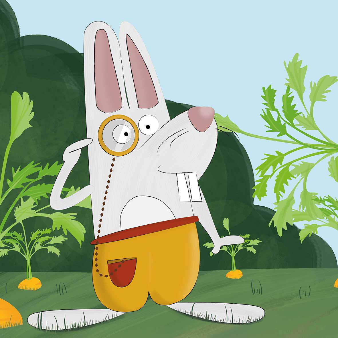 ilustración de un conejo con pantalón y gafas